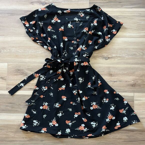 Girls Fall Black Floral Short Sleeve Picture Day Prairie Dress sz L 8-13 - Picture 2 of 6